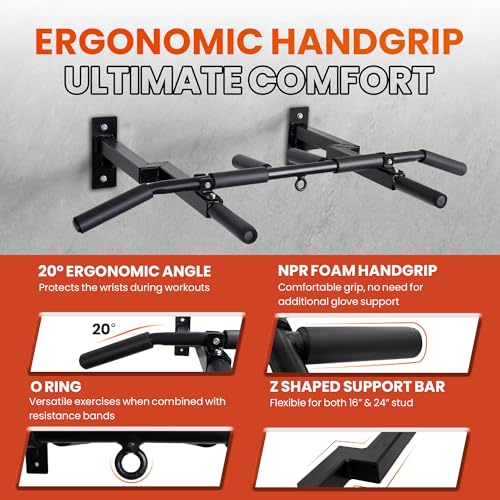 Yes4All Multi-Grip Wall Mount Pull-Up Bar, 16 Inches & 24 Inches Reversible Stud and Wall Compatibility Mounted Pull Up Bar Design, Solid Construction Strength Training - color: A. Wall and 16" or 24" Stud Mounted Chin Up Bar