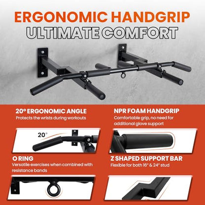 Yes4All Multi-Grip Wall Mount Pull-Up Bar, 16 Inches & 24 Inches Reversible Stud and Wall Compatibility Mounted Pull Up Bar Design, Solid Construction Strength Training - color: A. Wall and 16" or 24" Stud Mounted Chin Up Bar