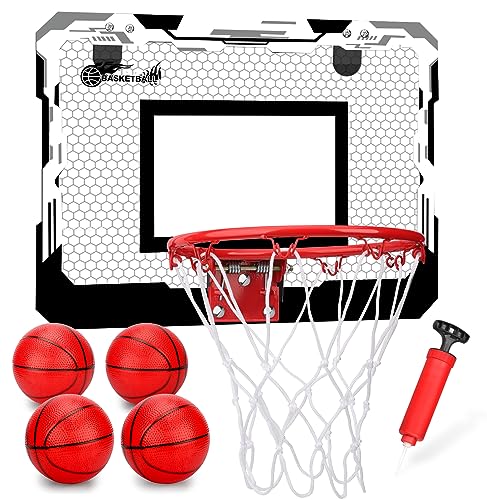 Indoor Mini Basketball Hoop Set Gift for Kids Adults, Upgrade Over Door Hoop with 4 Rubber 6" Balls, Wall Mount Hoop for Bedroom Yard, Christmas Stocking Stuffer Gift for Boys Teen