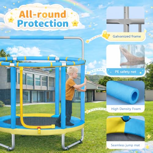 55" Trampoline for Kids with Enclosure, 4-in-1 Toddler Trampoline Indoor Outdoor, 440lbs Capacity Upgrade Trampolines with Adjustable Gymnastics Bar & Toys, for Boys & Girls, Easy to Assemble