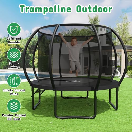 8FT 10FT 12FT 14FT 16FT Outdoor Trampoline with Safety Enclosure Net - color: Black, size: 10 FT