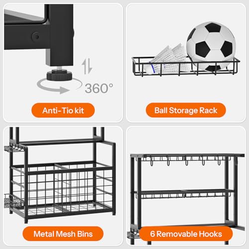 HOOBRO Sports Equipment Garage Organizer, Ball Storage Rack with Basket, Heavy Duty Ball Holder with Hooks, for Outdoor, Garage, Club, Basement, Black BK80JJ01