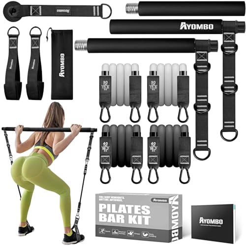 Ayombo Pilates Bar Kit with Resistance Bands, Pilates Workout Equipment for Legs, Hip, Waist, Arm, Squats Exercise Equipment for Home Workouts, Adjustable 3-Section Pilates Bar Kit for Women & Men - color: Black