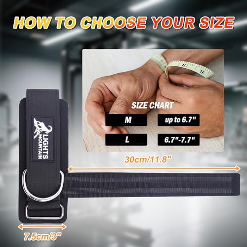 Lights Mountain Adjustable Wrist Cuffs Weight Lifting Straps with Sliding D-Ring – Heavy Duty Gym Attachments for Cable Machines, Pull Downs, Triceps & Biceps Training