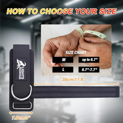 Lights Mountain Adjustable Wrist Cuffs Weight Lifting Straps with Sliding D-Ring – Heavy Duty Gym Attachments for Cable Machines, Pull Downs, Triceps & Biceps Training