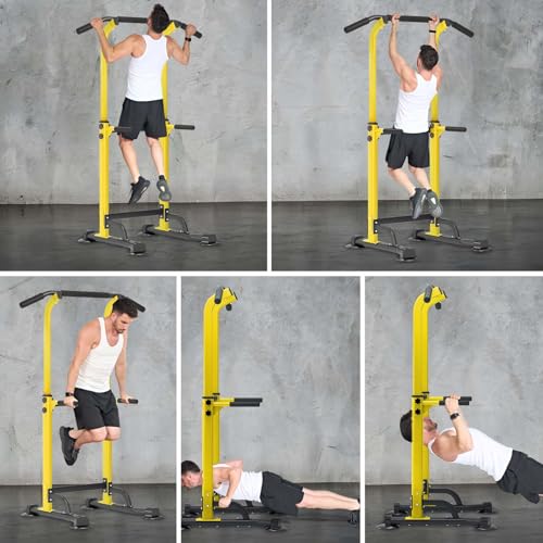 【Adjustable Pull Up Bar & Dip Station】Multifunctional Home Gym Equipment, 10 Height Settings 82.7 Inch, 400LB Capacity Strength Trainer for Men Women, Red & Black Frame