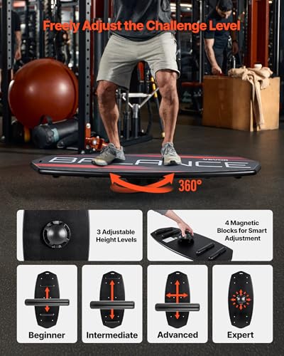 VEVOR Balance Board, 3-Level Height Adjustable Wobble Board Trainer for Adults, Premium Wooden Balance Training Equipment, with Roller, Magnetic Stoppers, Storage Rack, for Core Workouts, Surf Trainer