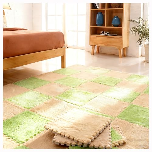 12 Pieces Thickened Plush Foam Interlocking Floor Mat,Fluffy Square Foam Tiles with 12 Edgings,Soft Anti-Slip Puzzle Area Rug Playmat for Bedroom,12X12inch,12 Tiles/11.6 Sq.Ft,Green+Camel - color: Green+camel