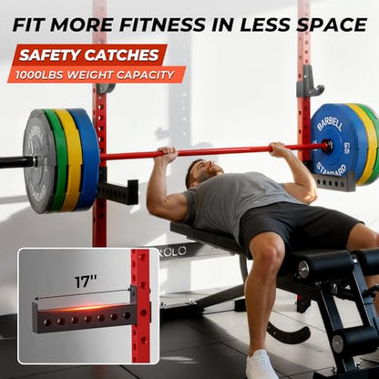 Mikolo 2" x 2" Folding Wall Mounted Squat Rack, 1000 Pounds Capacity Power Rack with Pull Up Bar, J Hooks and Other Attachments, Space-Saving Home Gym - color: Red, style: Squat Rack with Safety Catches