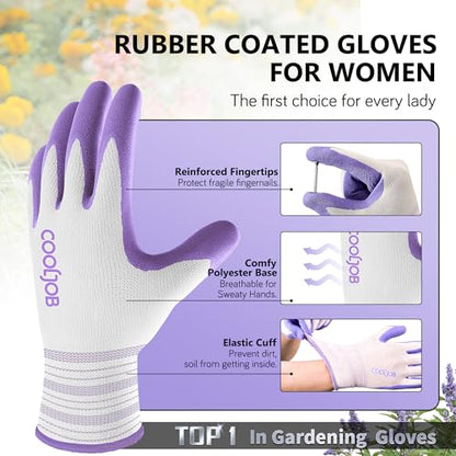 COOLJOB 6 Pairs Gardening Gloves for Women, Breathable Rubber Coated, L - color: Lavender Purple, Apple Green, size: Large (Pack of 6)