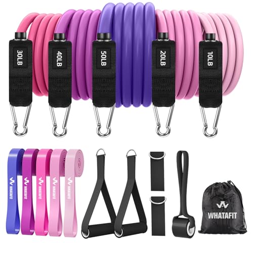 WHATAFIT Resistance Bands, Exercise Bands, Workout Bands with Handles, Door Anchor and Ankle Straps, 5 Resistance Levels Fitness Bands for Strength Training, Physical Therapy, and Home Gym Equipment - color: Pink Purple 16PCS