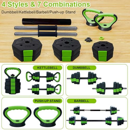 44LBS 4-in-1 Adjustable Dumbbell Kettlebell Set, Convertible to Barbell & Push-Up Stand, Soft Shoulder Pad Multi-Function Weight Set, Non-Slip Iron Handle Home Gym Full Body Strength Training Fitness Equipment for Men Women