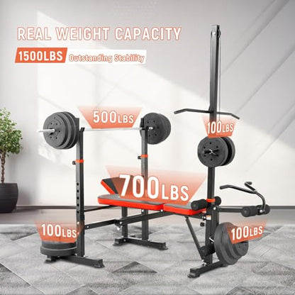 1500LB 8 IN 1 Olympic Weight Bench with Lat Pulldown and Leg Extension/Curl, Foldable Bench Press with Preacher Curl & Squat Rack, Workout Benches with Safety Bar Catches for Home Gym(US Stock)