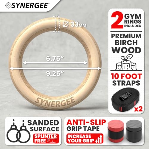 Synergee Wooden Gymnastic Rings with Numbered Straps & Carabiners – 1.25" Olympic Gym Rings for Pull Ups, Dips, Muscle Ups, Calisthenics & Home Gym Training