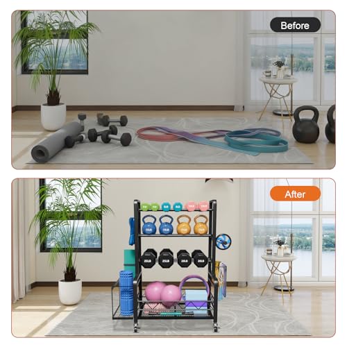 Dumbbell Rack, Adjustable Weight Rack for Home Gym, Metal Weight Stand for Dumbbells, Kettlebells, Yoga Gear, Multipurpose Workout Equipment Storage with 4 Wheels, Basket, Hooks, Black