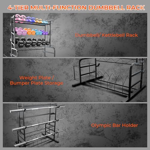 XL Adjustable Weight Rack for Dumbbells - Barbell Holder Bumper Plate Storage Rack with 3 Olympic Bar Racks, Dumbbell Rack Weight Stand,Home Gym Storage Rack for kettlebells,Yoga Mat