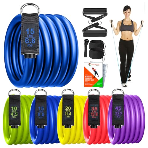 SmarterLife Resistance Bands with Handles, Physical Therapy Strap, Exercise Band to Tone Arms, Legs, Chest, Booty - 5 Exercise Bands with Handles, Ankle Straps, No-Slip Door Anchor, Storage Bag