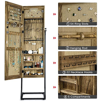 SRIWATANA Jewelry Armoire Cabinet, Solid Wood Standing Jewelry Organizer with Full Length Mirror (Carbonized Black) - color: Country Carbonized Black