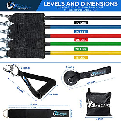 Home Gym Workout Bands - Resistance Band Weight Set Includes 5 Stackable Tension Bands, Premium Exercise Handles, Ankle Straps, Door Anchor and Carry Bag for Exercise & Physical Therapy