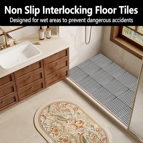 Interlocking Floor Tiles 12x12 Inch, 12 Pack Soft PVC Non-Slip Drainage Tiles with Holes for Bathroom, Pool Deck, Gym, Garage, Kitchen & Wet Areas, Easy Splicing Anti-Fatigue Mat (12)