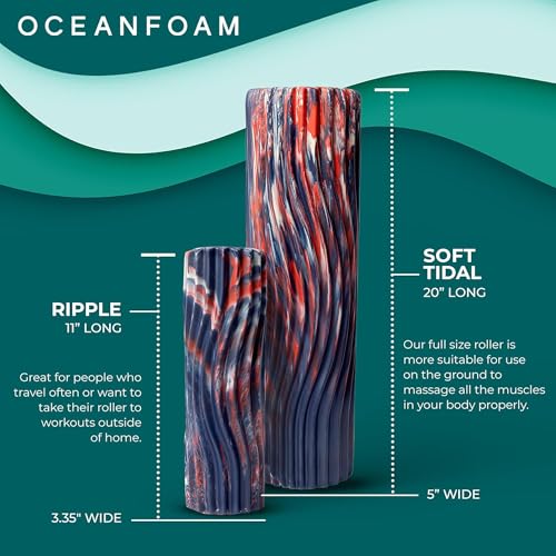 Soft Tidal Roller (Dark Navy, Red and Natural Marbled) - Low Density Foam Roller for Physical Therapy, Back Pain, Exercise & Stretching - Wave Textured - Yoga, Wellness - Full Size, 20" x 5" - color: Dark Navy, Red & Natural Marbled