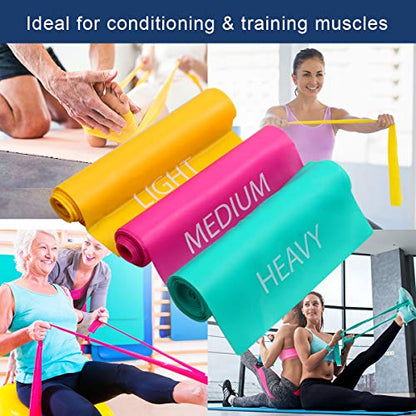 7FT. Long Latex Free Elastic Flat Exercise Band Set of 3 with Carry Bag, Wide Fitness Resistance Bands for Pilates, Gym, Physical Therapy, Yoga, Carry Bag, Green & Yellow & Rose Red