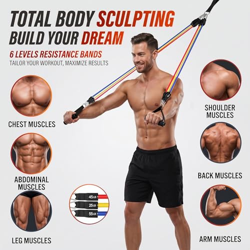WHATAFIT Resistance Bands, Exercise Bands with Handles, Workout Bands for Working Out, Fitness Bands Set for Home Gym Full Body Strength Training, Muscle Tone, Yoga & Stretching