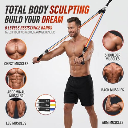 WHATAFIT Resistance Bands, Exercise Bands with Handles, Workout Bands for Working Out, Fitness Bands Set for Home Gym Full Body Strength Training, Muscle Tone, Yoga & Stretching