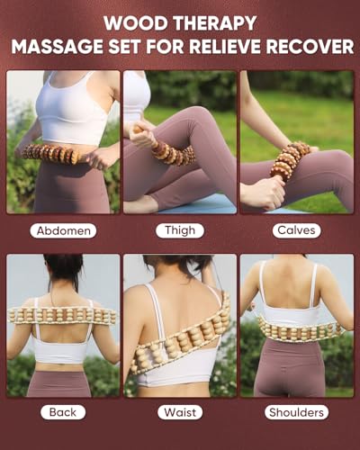 2PCS Wood Therapy Massage Tools, Wooden Massage Roller Stick & Back Massager Roller Rope, Maderoterapia Kit Colombiana for Lymphatic Drainage, Anti Cellulite, Body Sculpting, Ease Deep Tissue