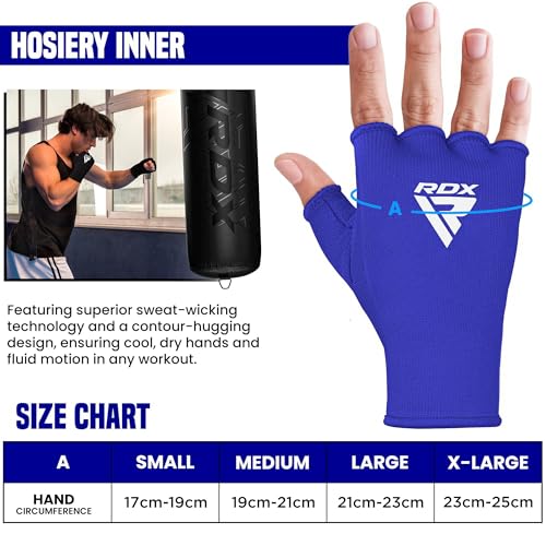 RDX Boxing Hand Wraps Inner Gloves Men Women, Half Finger Elasticated Bandages, Under Mitts Fist Protection, Muay Thai, Kickboxing, MMA, Martial Arts Speed Bag Punching Training - color: Blue White, size: Large