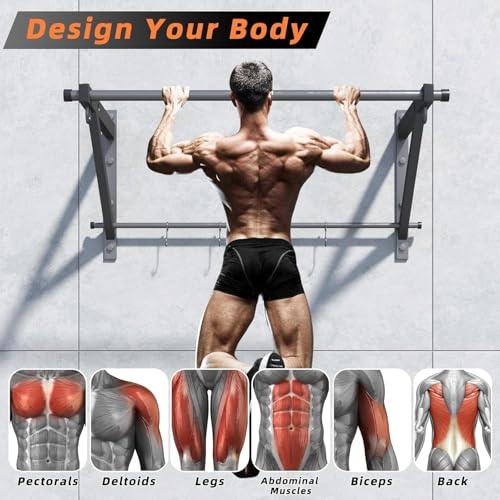 Wall Mounted Pull Up Bar, Strength Training Chin Up Bar for Doorway and Wall Mount with Hooks, Adjustable Depth Pull-up Bar with 500LBS Weight Capacity, Heavy Duty Gym Home Training