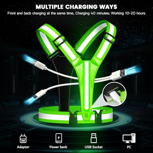 LED Reflective Running Vest Gear,Light Up Vest Runners Night Walking USB Rechargeable,Up to 11hrs Light with Adjustable Waist/Shoulder for Women Men Kids