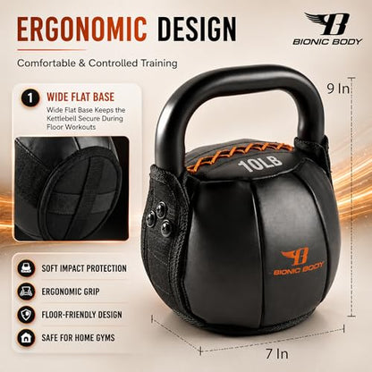 Bionic Body by Kim Lyons Soft Kettlebell with Handle | Soft Weight for Strength Training, Conditioning, Core & Full Body Workouts | Ergonomic Grip | Home Gym, Cross Training, HIIT & Functional Fitness Equipment - style: Orange - 10 LB