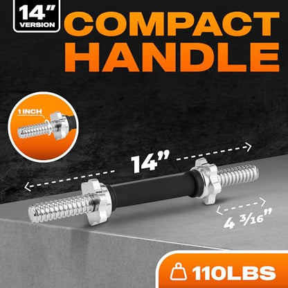 Yes4All Threaded Dumbbell Handles, Adjustable Dumbbell Bar Pair, 14/16/18/24-Inch Sizes, Fits 1" or 1.15" Plates, Non-Slip Grip, Secure Star-Lock Collars - color: 14" - Chrome & Rubber - Silver, size: 1 inch