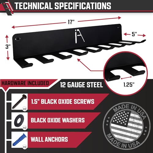 IRON AMERICAN) Gym Storage Hanger/Heavy Duty Multi-Purpose Gym Rack for Lifting Belts, Chains, Exercise Bands, Jump Ropes (mounting hardware included) - style: OMEGA GYM RACK (18 INCH / 9 PRONG)