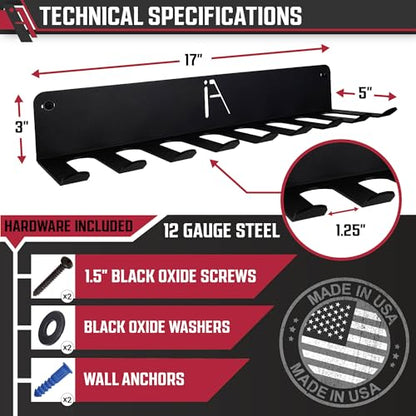 IRON AMERICAN) Gym Storage Hanger/Heavy Duty Multi-Purpose Gym Rack for Lifting Belts, Chains, Exercise Bands, Jump Ropes (mounting hardware included) - style: OMEGA GYM RACK (18 INCH / 9 PRONG)