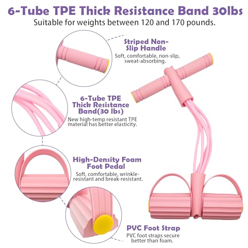 Pedal Resistance Band with Handle,4/6/8 Tubes Options,Full-Body Use - color: 6Tubes-Pink