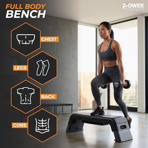 Power Systems Step Bench & Weight Bench | Aerobic Platform & Plyo Box for Cardio, Strength | Commercial Grade Full Body Home Gym Stepper with Adjustable Multifunctional Deck & Resistance Band Clips