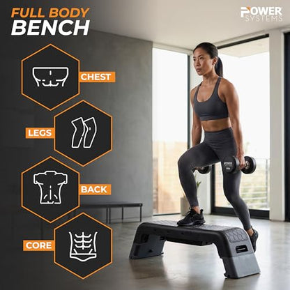 Power Systems Step Bench & Weight Bench | Aerobic Platform & Plyo Box for Cardio, Strength | Commercial Grade Full Body Home Gym Stepper with Adjustable Multifunctional Deck & Resistance Band Clips