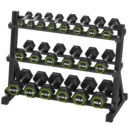 HANDBODE Hex Dumbbell Set with Rack, 300-840 lb Rubber Coated Fixed Weights Sets with Heavy Duty Storage Stand, Hexagon Shape, Multiple Weight Options Home Gym Equipment for Strength Training - style: 300 lb Set (2.5-30 lb) with Rack
