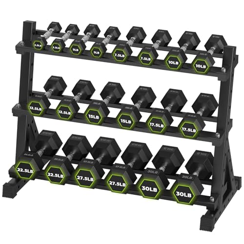 HANDBODE Hex Dumbbell Set with Rack, 300-840 lb Rubber Coated Fixed Weights Sets with Heavy Duty Storage Stand, Hexagon Shape, Multiple Weight Options Home Gym Equipment for Strength Training - style: 300 lb Set (2.5-30 lb) with Rack