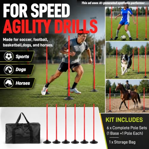 6 Pcs 5 FT Adjustable Agility Training Poles for Soccer,Basketball,Football, Horse,Dog-Speed and Agility Training Equipment Sports Training Poles with Rubber Bases and Bag - color: red