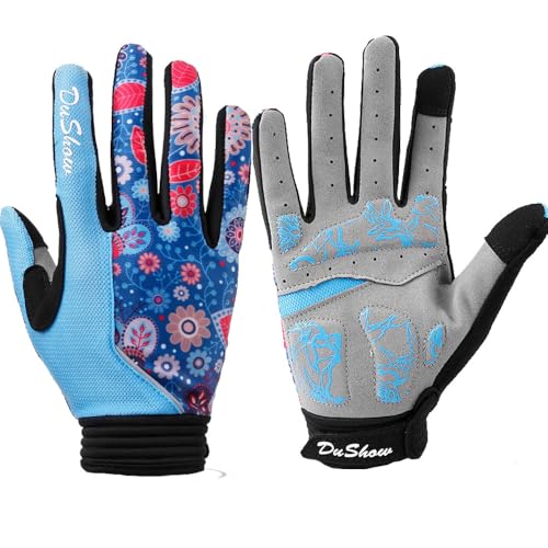 Bike Gloves for Women Cycling,Pink Floral Workout Gloves Women,Full Finger Biking Driving Riding Gloves for Women,Gel Padded Touch Screen Gym Gloves - color: Blue Boho, size: Small