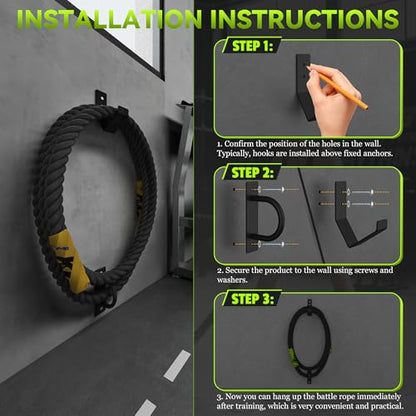 Heavy Duty Battle Rope Wall Anchor with Storage Hook – Includes Screws & Washers for Secure Mounting | Durable Steel Battle Rope Holder for Home and Gym Use