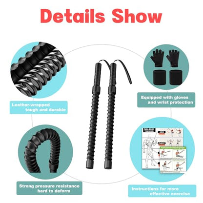 Ropeless Battle Ropes – Weighted Portable Workout Ropes for Home Gym, Cordless Jump/Arm Exerciser with Non-Slip Gloves & Training Poster – HIIT, Low-Impact Cardio & Strength/Muscle Training(2PCS)