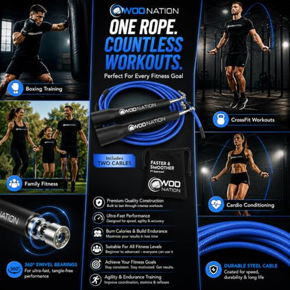 WOD Nation Adjustable Speed Jump Rope For Men, Women & Children - Blazing Fast Fitness Skipping Rope Perfect for Boxing, MMA, Endurance - color: Black