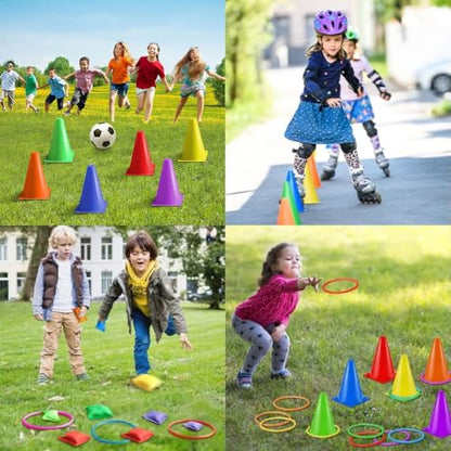 Eocolz 3 in 1 Carnival Games Set, Soft Plastic Cones Bean Bags Ring Toss Games for Kids Birthday Party Outdoor Games Supplies Combo Set - color: purple