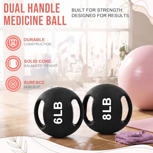 Gemscream 2 Pcs Medicine Ball with Dual Grip - 6 lb & 8 lb Exercise Balls, Durable Non Slip Rubber Grip Medicine Ball for Home Gym, Strength Training, Core Workouts, Fitness Enthusiasts & Gift Giving
