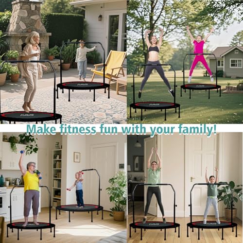 RAVS Mini Trampoline for Kids Adults 40"/48" Foldable Fitness Rebounder Kids Trampoline with 5 Levels Height Adjustable Handle Resistance Bands Indoor Workout