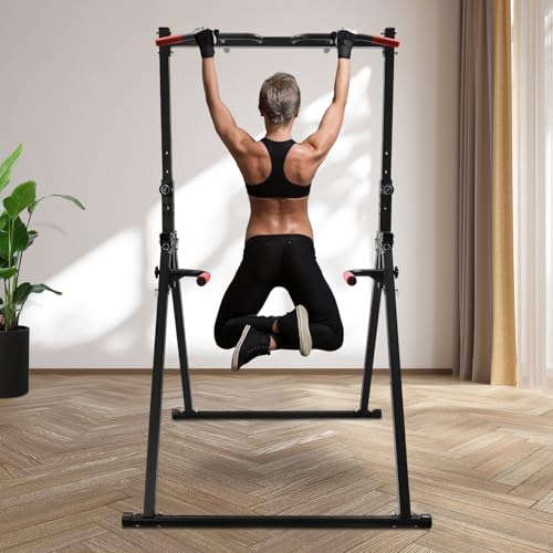 Foldable Power Tower Pull Up Bar Station, Pull Up Bars Adjustable Height Foldable Dip Station for Home Gym Workout, Heavy Duty for Strength Training, Bench Press and Leg Squats